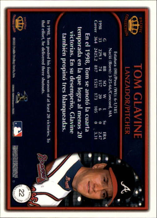 1999 Pacific Crown Collection #22 Tom Glavine back image