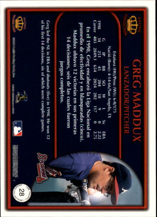 1999 Pacific Crown Collection #28 Greg Maddux back image