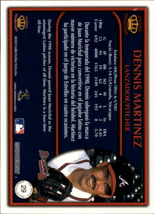 1999 Pacific Crown Collection #29 Dennis Martinez back image