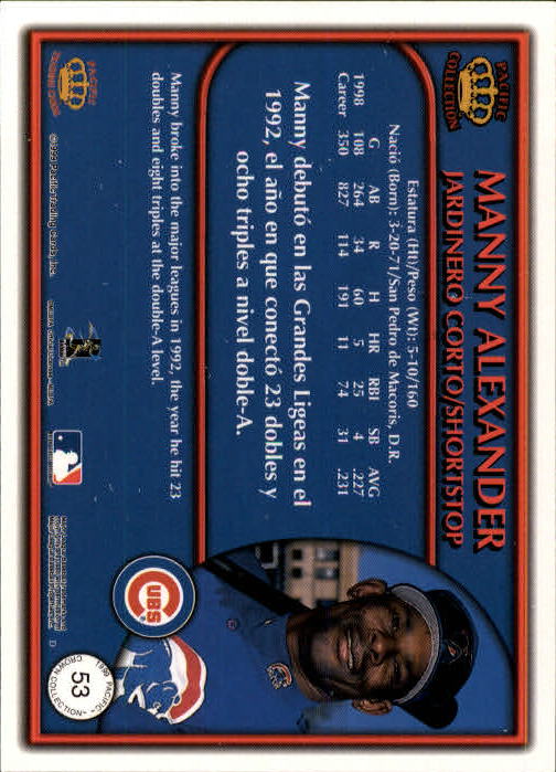 1999 Pacific Crown Collection #53 Manny Alexander back image
