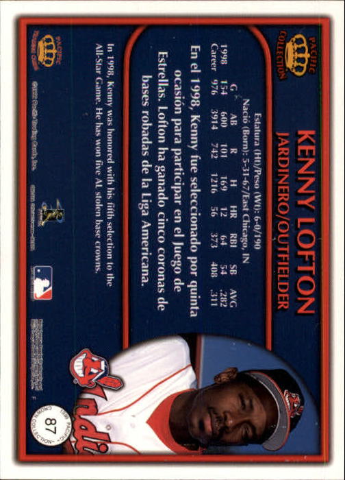 1999 Pacific Crown Collection #87 Kenny Lofton back image