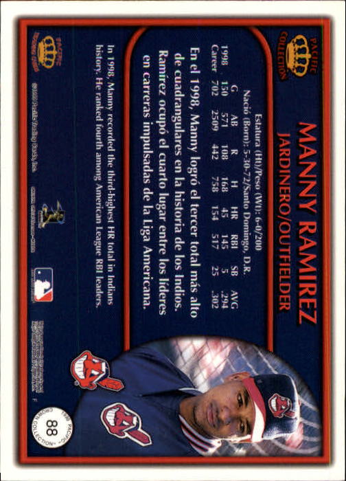 1999 Pacific Crown Collection #88 Manny Ramirez back image