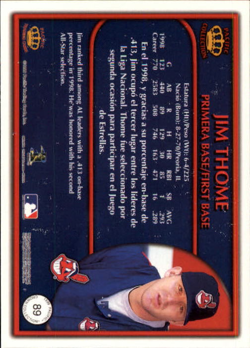 1999 Pacific Crown Collection #89 Jim Thome back image