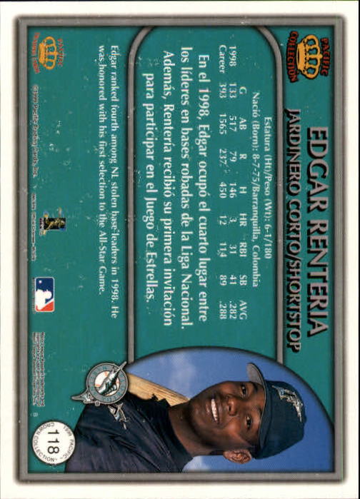 1999 Pacific Crown Collection #118 Edgar Renteria back image