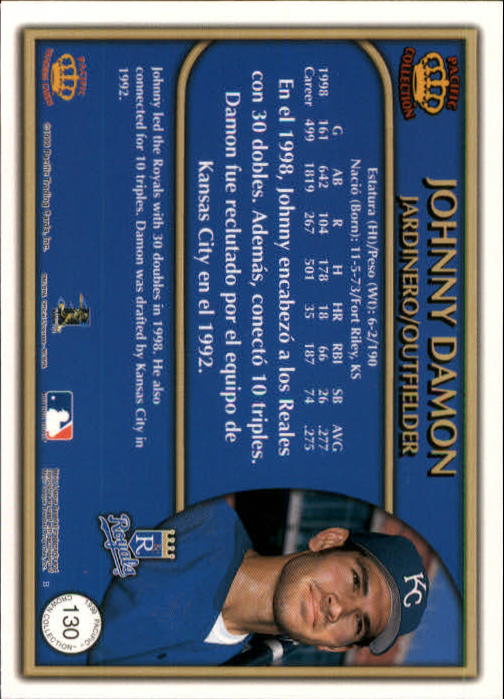 1999 Pacific Crown Collection #130 Johnny Damon back image