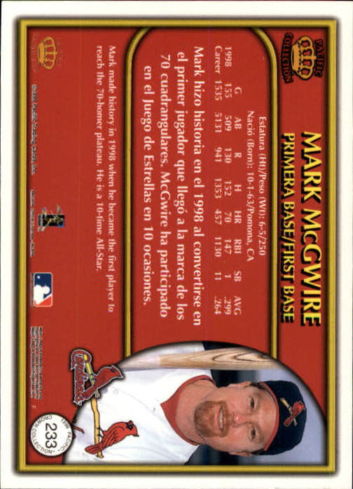 1999 Pacific Crown Collection #233 Mark McGwire back image