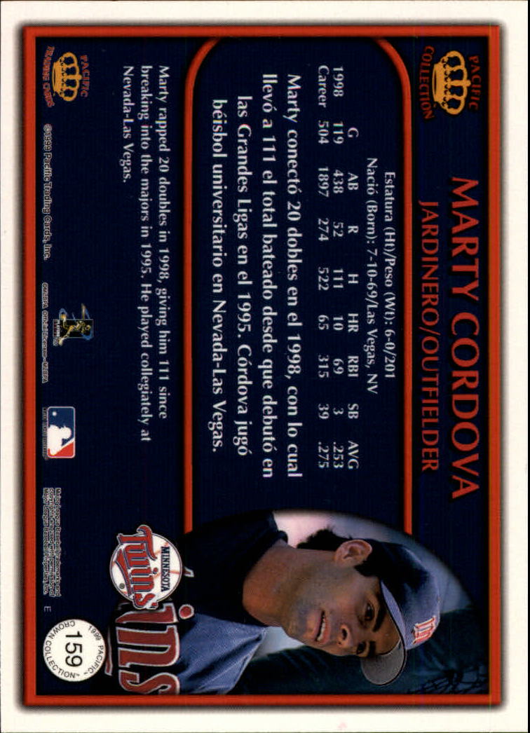 1999 Pacific Crown Collection Platinum Blue #159 Marty Cordova back image