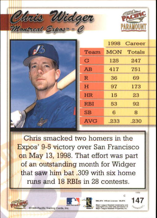1999 Paramount Opening Day #147 Chris Widger back image