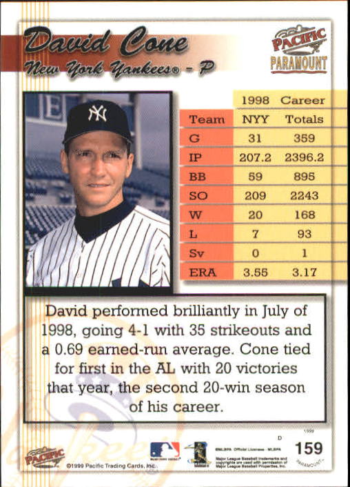 1999 Paramount Opening Day #159 David Cone back image