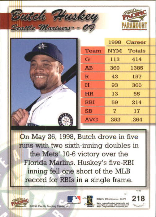1999 Paramount Opening Day #218 Butch Huskey back image