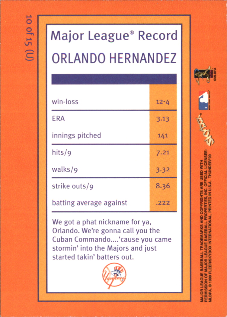 1999 SkyBox Thunder Unleashed #U10 Orlando Hernandez back image