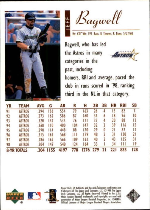1999 SP Authentic #39 Jeff Bagwell back image