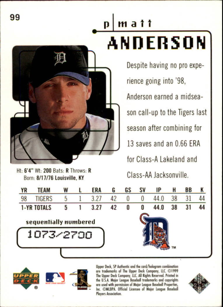 1999 SP Authentic #99 Matt Anderson FW back image