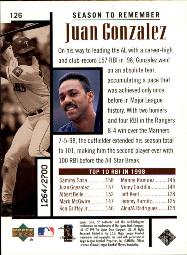 1999 SP Authentic #126 Juan Gonzalez STR back image