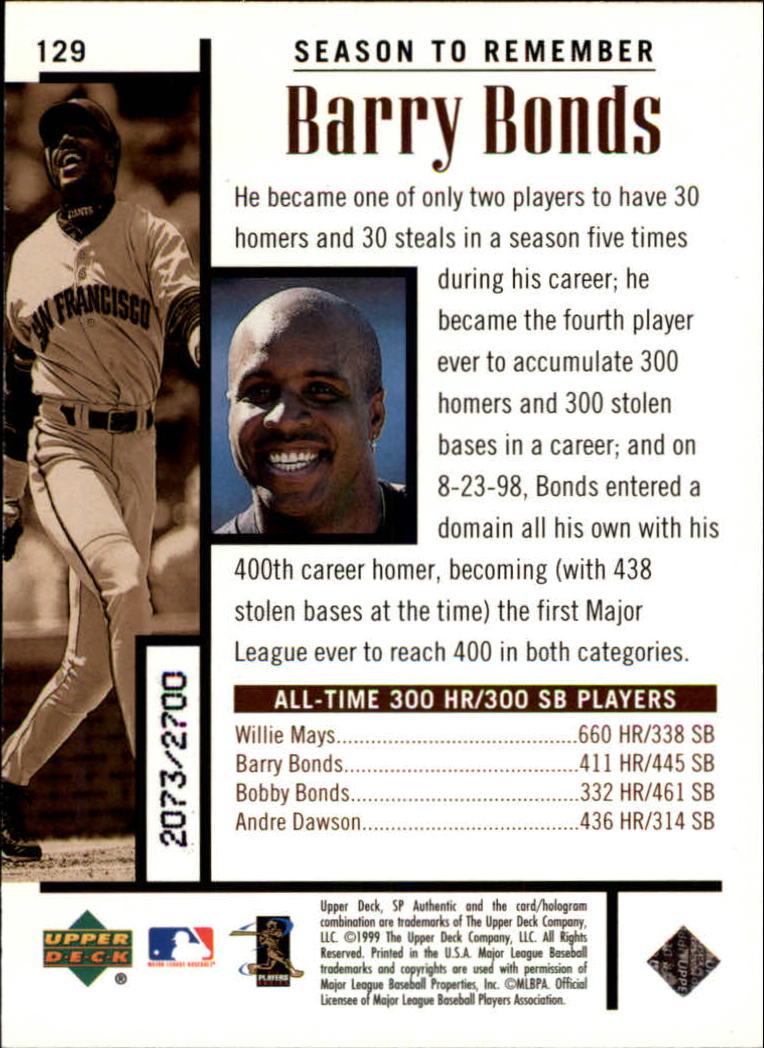 1999 SP Authentic #129 Barry Bonds STR