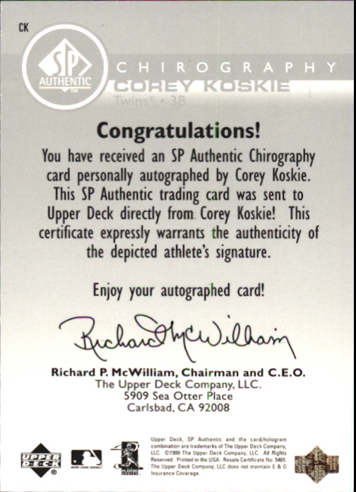 1999 SP Authentic Chirography #CK Corey Koskie back image