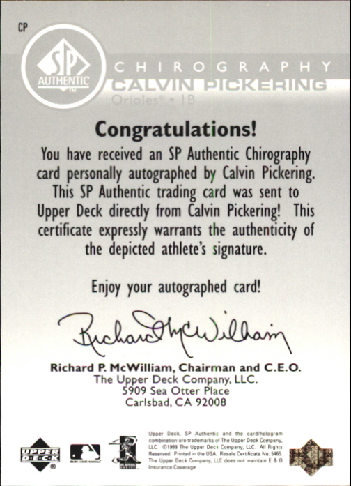 1999 SP Authentic Chirography #CP Calvin Pickering back image