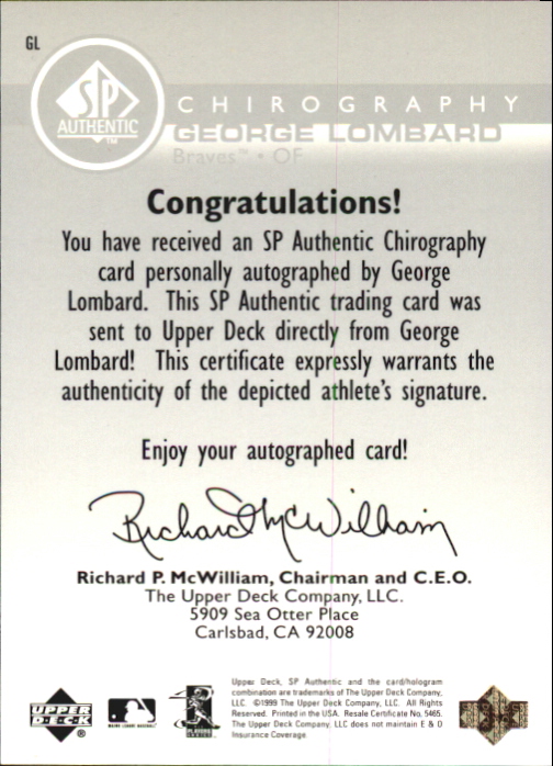 1999 SP Authentic Chirography #GL George Lombard back image