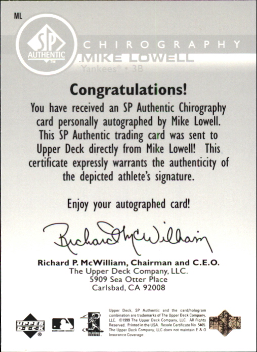 1999 SP Authentic Chirography #ML Mike Lowell back image