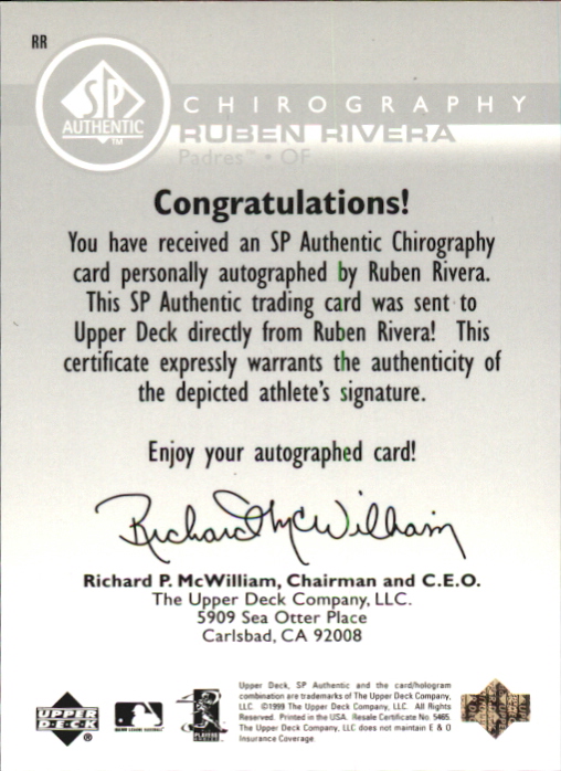 1999 SP Authentic Chirography #RR Ruben Rivera back image