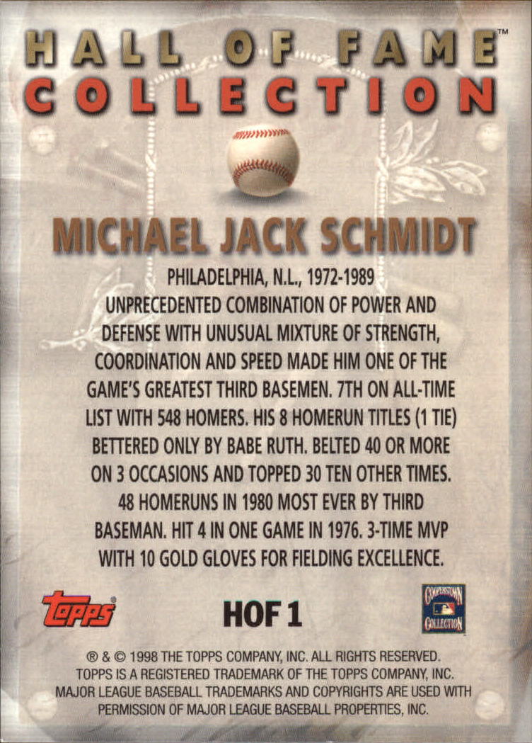 1999 Topps Hall of Fame Collection #HOF1 Mike Schmidt back image