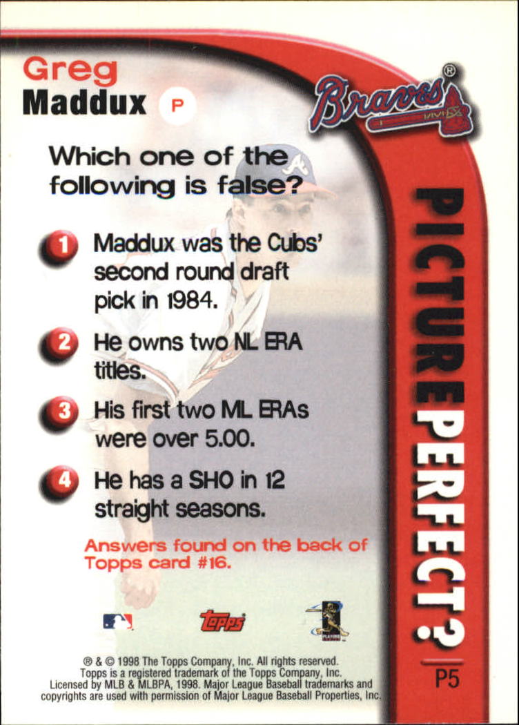 1999 Topps Picture Perfect #P5 Greg Maddux back image