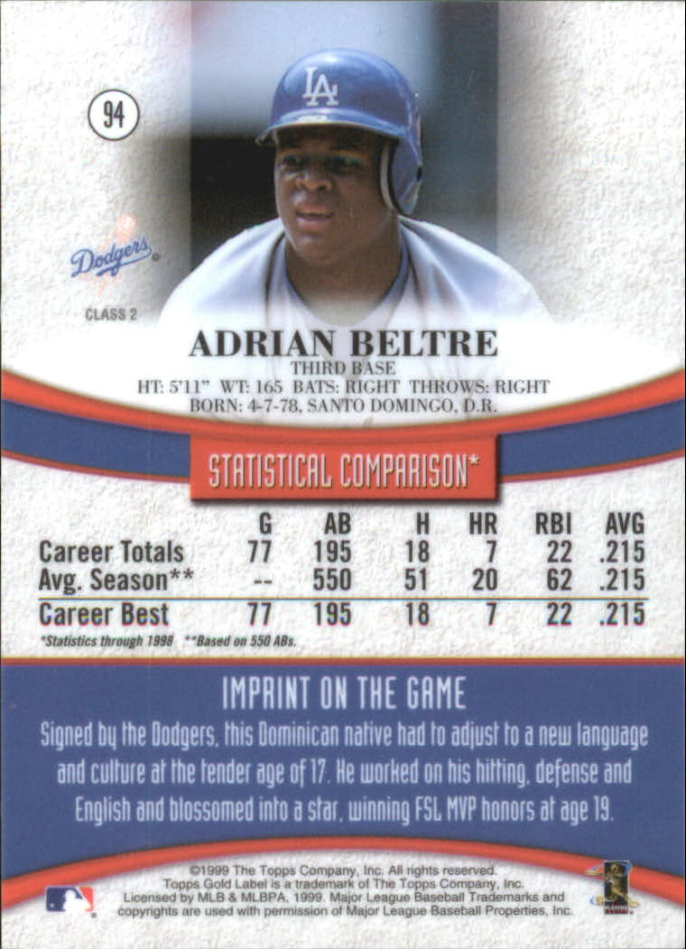 1999 Topps Gold Label Class 2 #94 Adrian Beltre back image