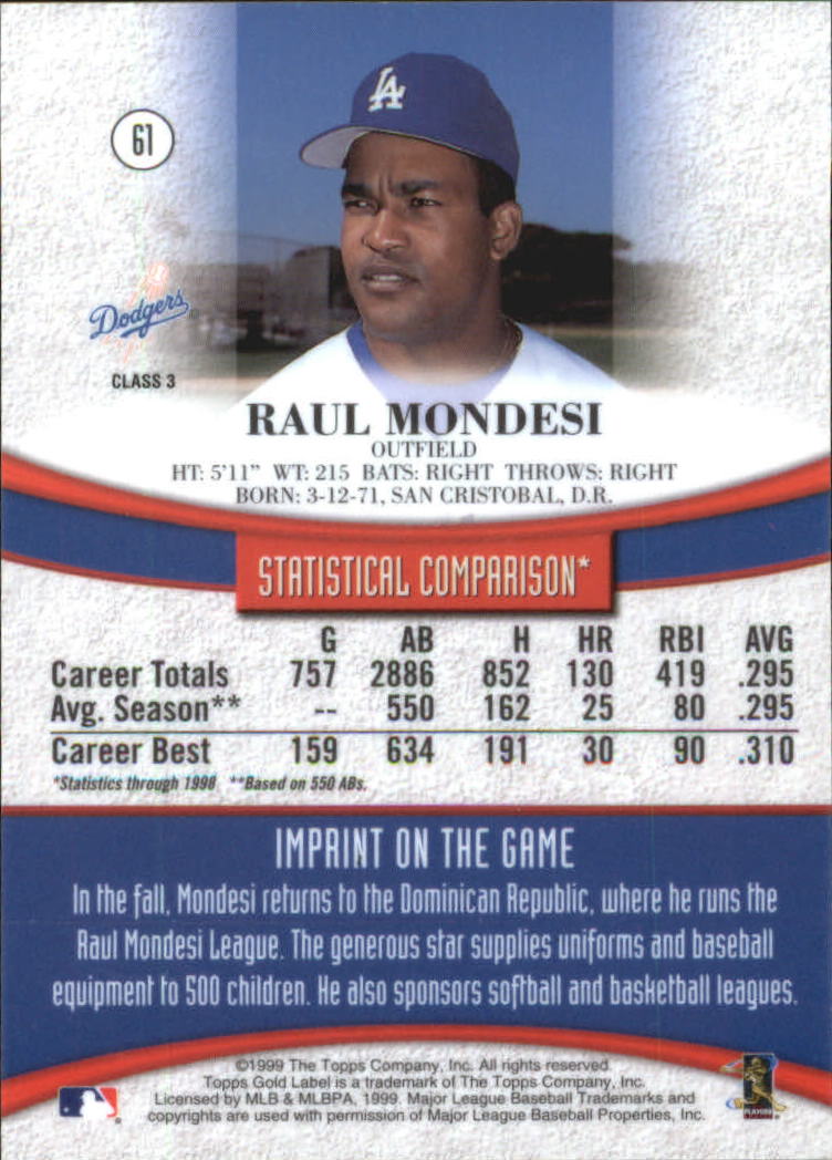 1999 Topps Gold Label Class 3 #61 Raul Mondesi back image