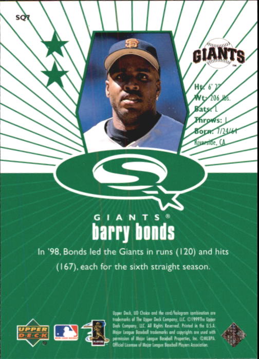 1999 UD Choice StarQuest Green #7 Barry Bonds back image