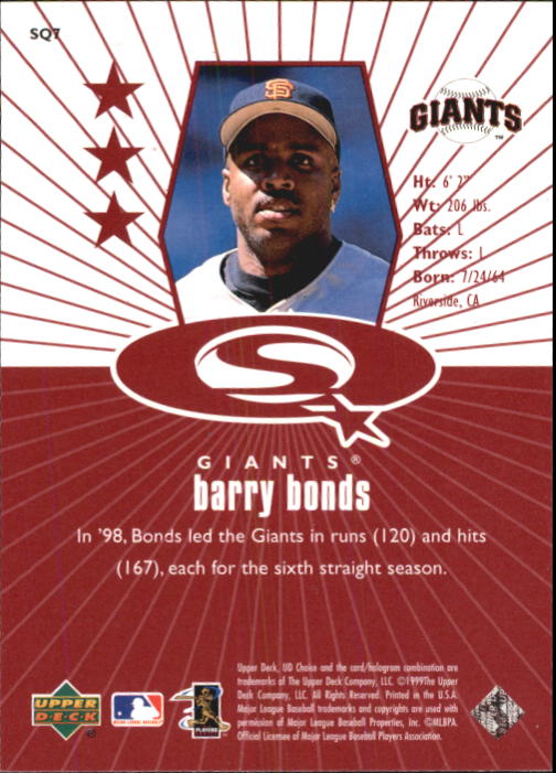 1999 UD Choice StarQuest Red #7 Barry Bonds back image