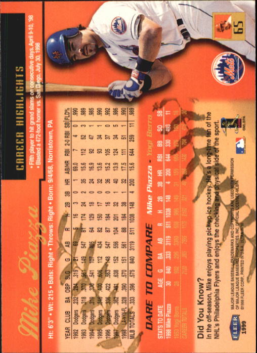 1999 Ultra #65 Mike Piazza back image