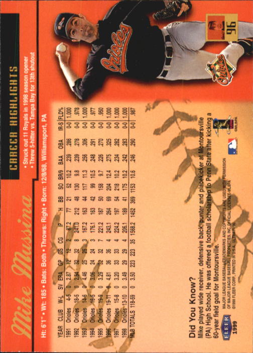 1999 Ultra #96 Mike Mussina back image