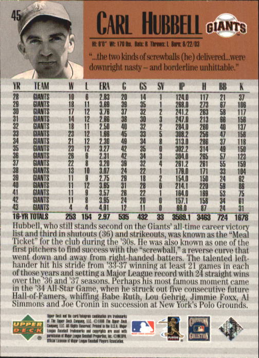 1999 Upper Deck Century Legends #45 Carl Hubbell back image