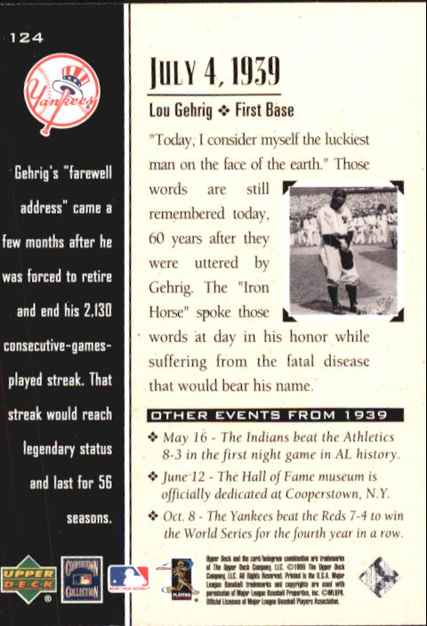 1999 Upper Deck Century Legends #124 Lou Gehrig MEM back image
