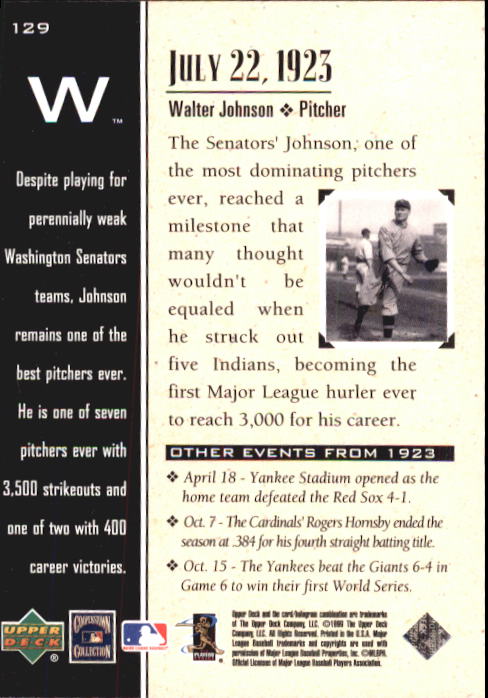 1999 Upper Deck Century Legends #129 Walter Johnson MEM back image