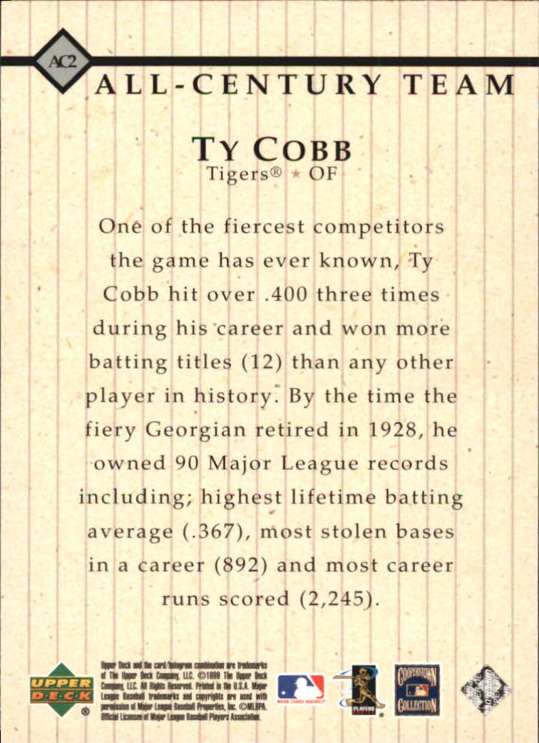 1999 Upper Deck Century Legends All-Century Team #AC2 Ty Cobb back image