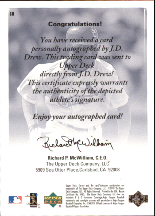1999 Upper Deck Encore UD Authentics #JD J.D. Drew back image