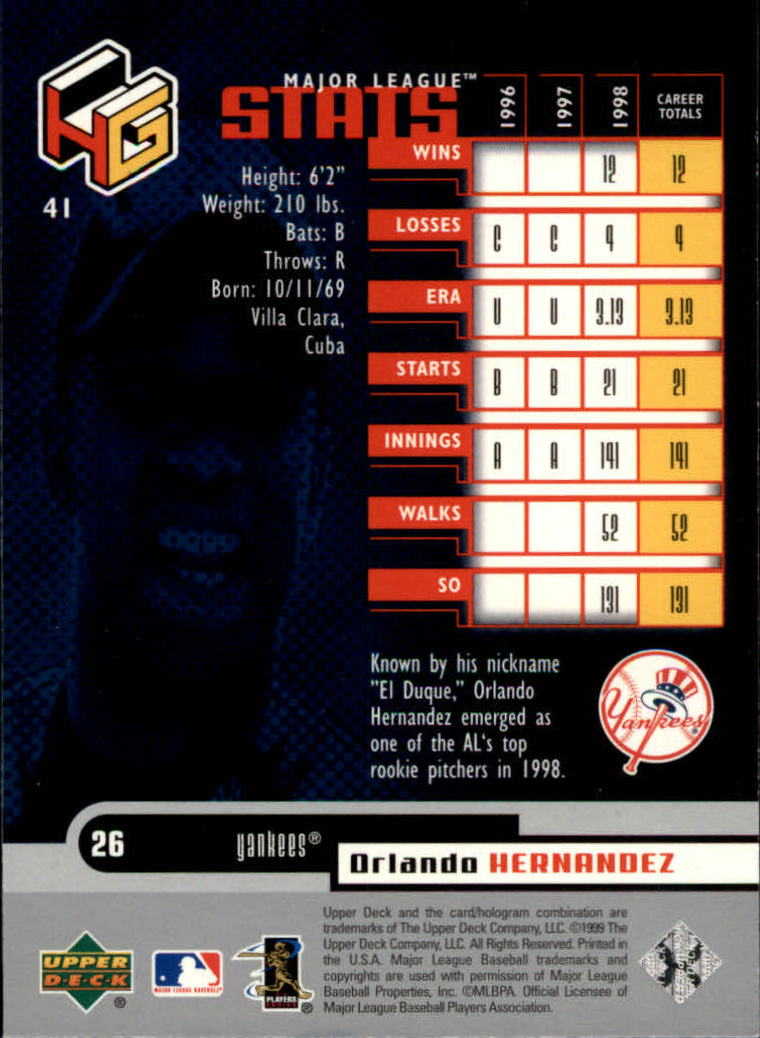 1999 Upper Deck HoloGrFX #41 Orlando Hernandez back image