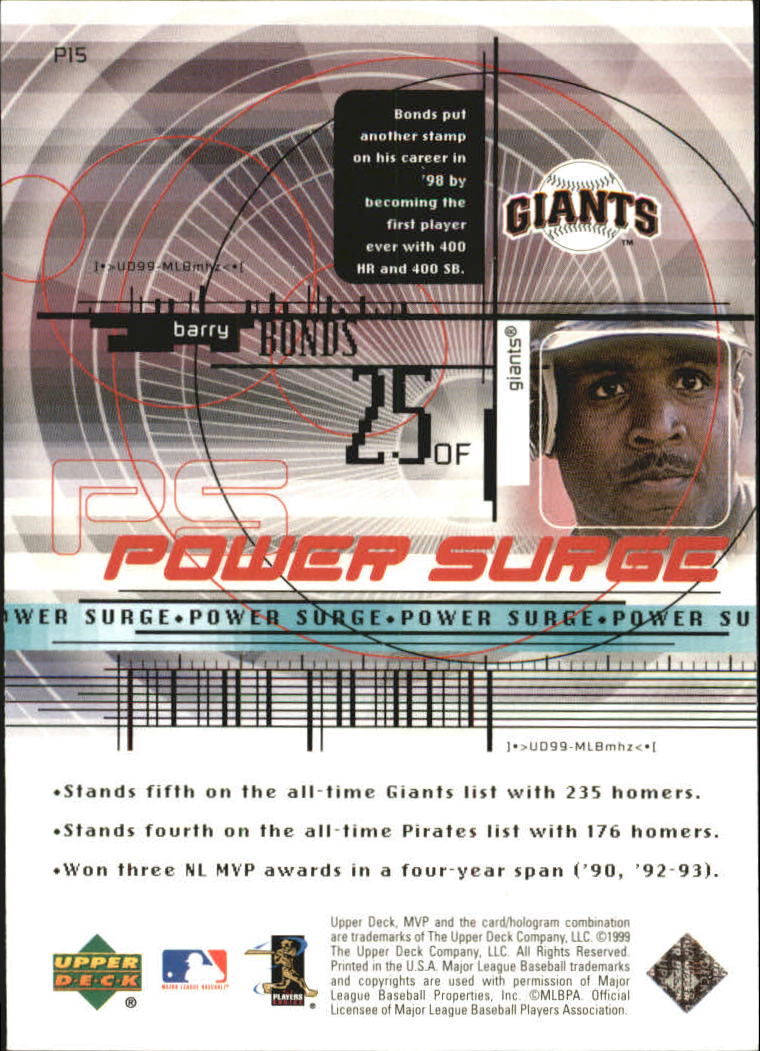 1999 Upper Deck MVP Power Surge #P15 Barry Bonds back image