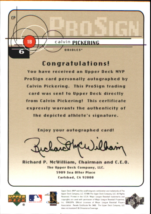 1999 Upper Deck MVP ProSign #CP Calvin Pickering back image
