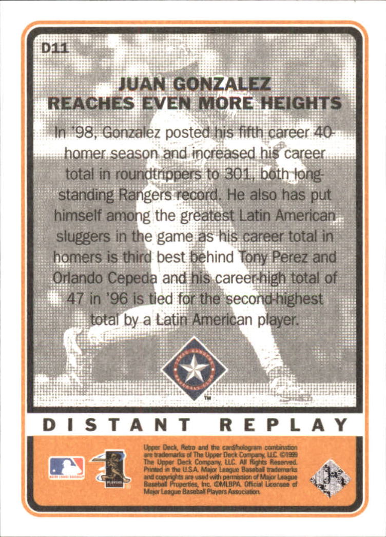 1999 Upper Deck Retro Distant Replay #D11 Juan Gonzalez back image