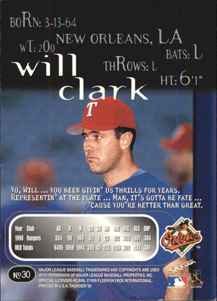 1999 SkyBox Thunder #30 Will Clark back image