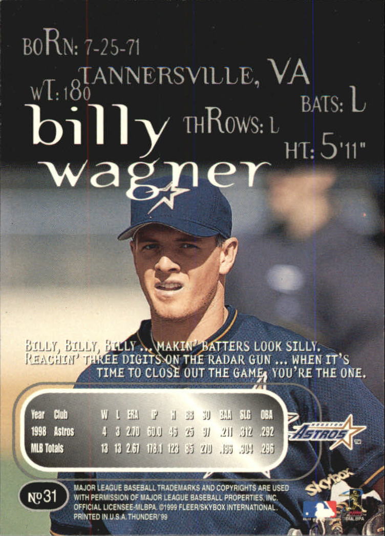 1999 SkyBox Thunder #31 Billy Wagner back image