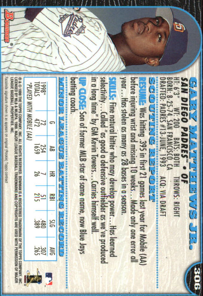 1999 Bowman International #306 Gary Matthews Jr. back image