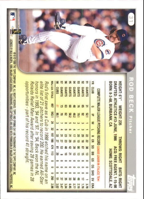 1999 Topps Opening Day #31 Rod Beck back image