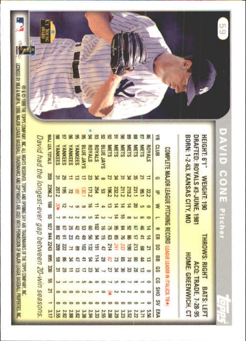 1999 Topps Opening Day #59 David Cone back image