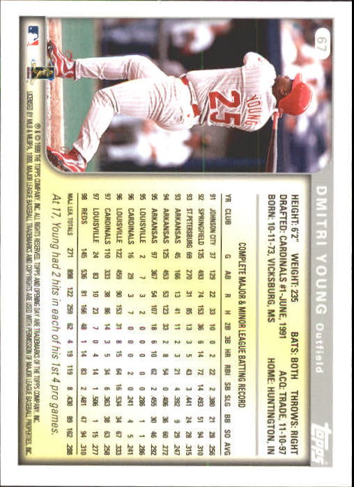 1999 Topps Opening Day #67 Dmitri Young back image