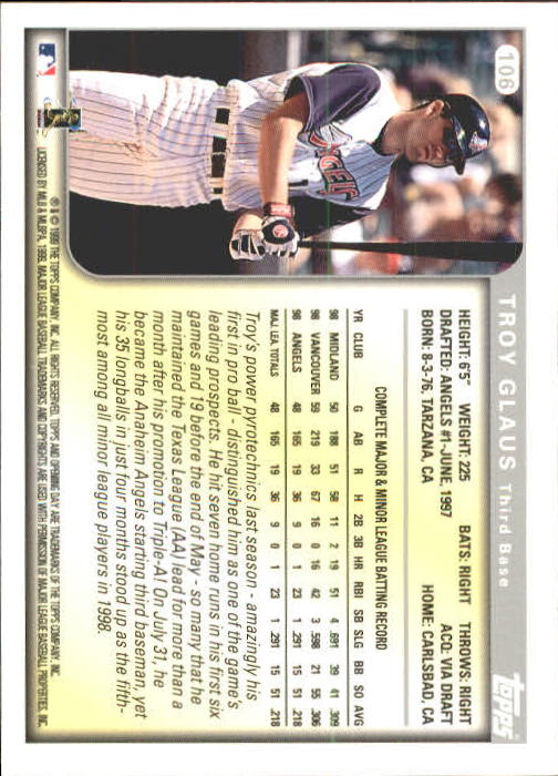 1999 Topps Opening Day #106 Troy Glaus back image