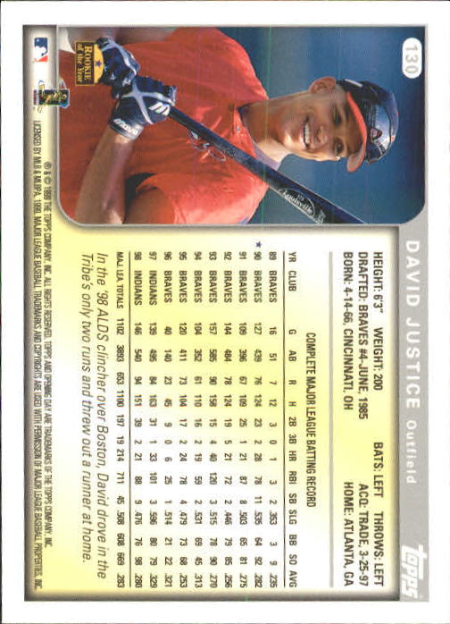 1999 Topps Opening Day #130 David Justice back image