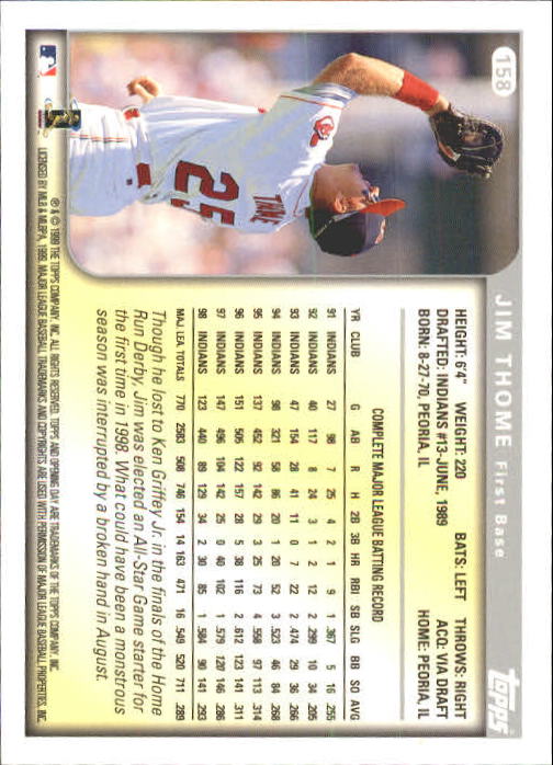 1999 Topps Opening Day #158 Jim Thome back image